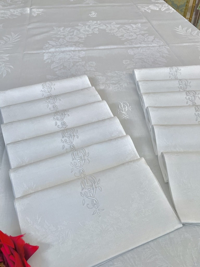 Large Tablecloth And Its 11 Napkins With Pv Numbers - Table Service - Damask Linen - Late 19th Century