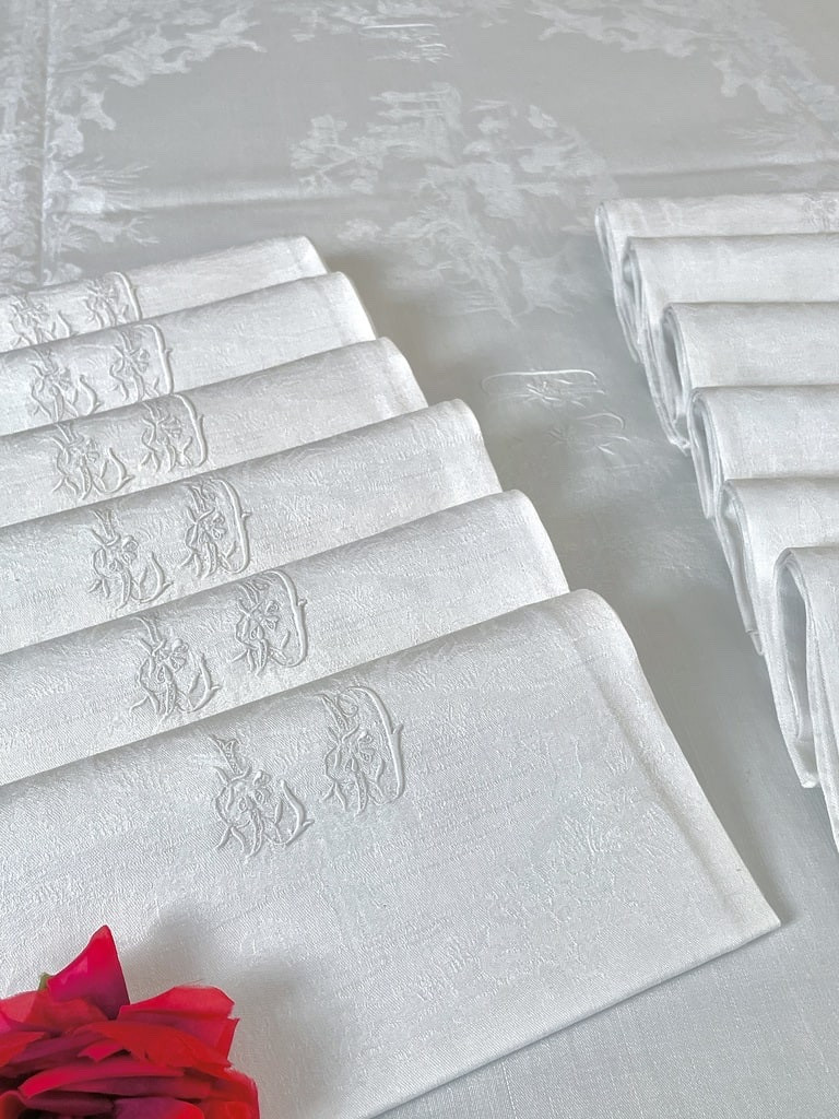Service de table en lin damassé - Scènes de chasse  à courre  - Nappe + Serviettes 12 couverts -photo-2