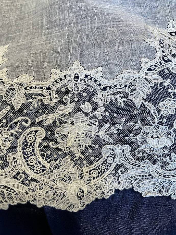 Mouchoir de Mariage fin XIXe - Dentelle à l'aiguille - Point de gaze Bruxelles - Linge ancien -photo-3