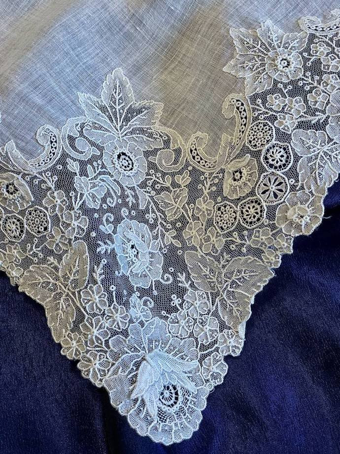 Antique Wedding Handkerchief - Needlepoint - Brussels Lace - Antique Linen-photo-3