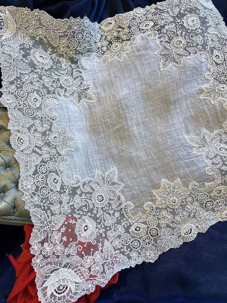 Antique Wedding Handkerchief - Needlepoint - Brussels Lace - Antique Linen