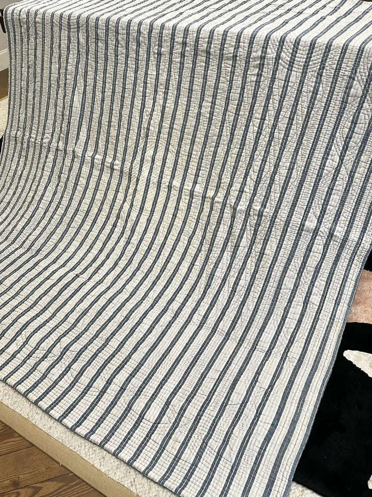 Marseille Quilted Blanket - Double-sided In Striped Cotton And Plain Blue - Antique Linen-photo-2