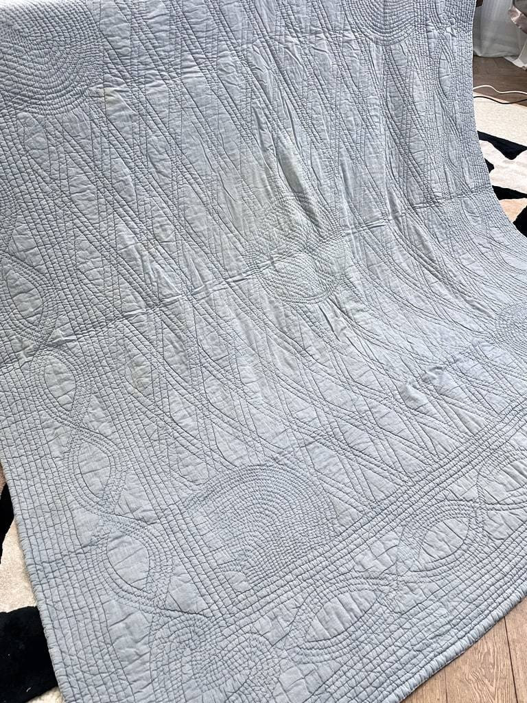 Marseille Quilted Blanket - Double-sided In Striped Cotton And Plain Blue - Antique Linen-photo-4
