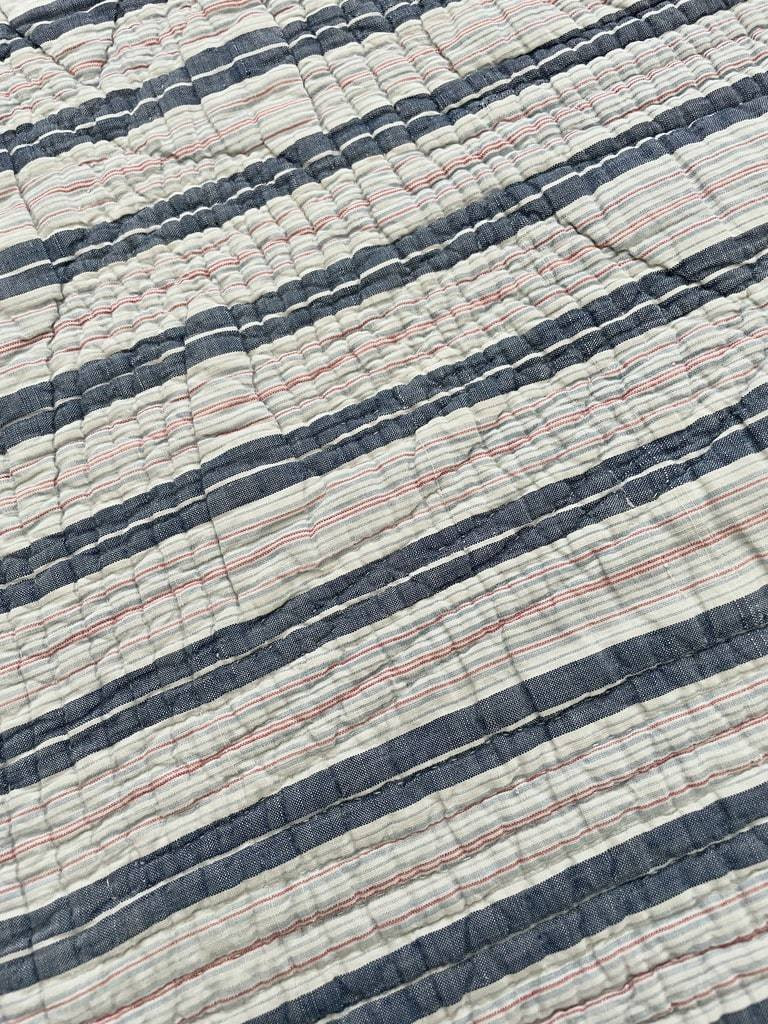 Marseille Quilted Blanket - Double-sided In Striped Cotton And Plain Blue - Antique Linen-photo-7