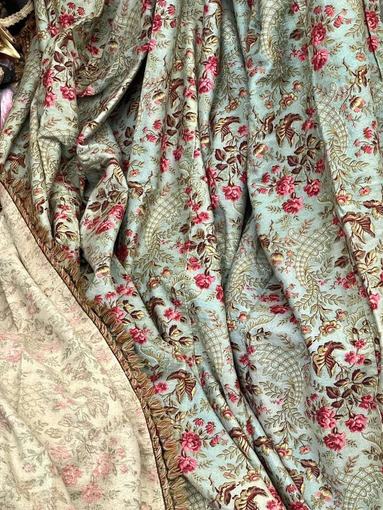 Large Printed Cotton Fabric Panel - Door Curtain - Roses On A Rocaille Background - Late 19th Century-photo-6