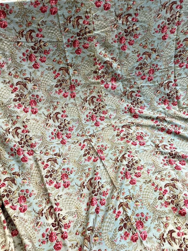 Large Printed Cotton Fabric Panel - Door Curtain - Roses On A Rocaille Background - Late 19th Century-photo-7