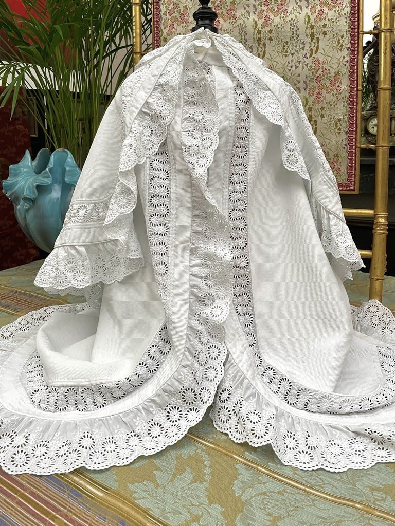 Manteau Cape de Baptême en Piqué de Coton - Volant et entre-deux en Broderie Anglaise - XIXème-photo-6