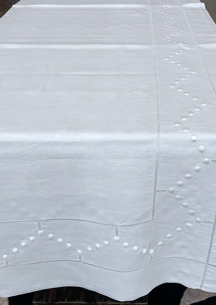 Large Linen Sheet With Two Pillowcases - White Embroidery Jours échelle - Antique Linen-photo-2
