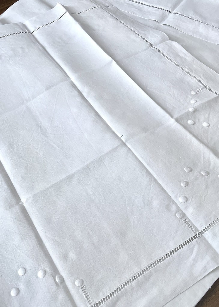 Large Linen Sheet With Two Pillowcases - White Embroidery Jours échelle - Antique Linen-photo-4