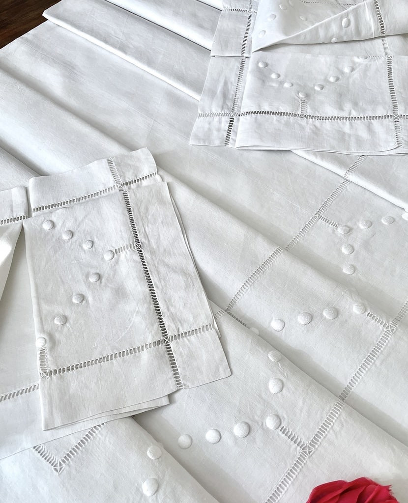Large Linen Sheet With Two Pillowcases - White Embroidery Jours échelle - Antique Linen-photo-8