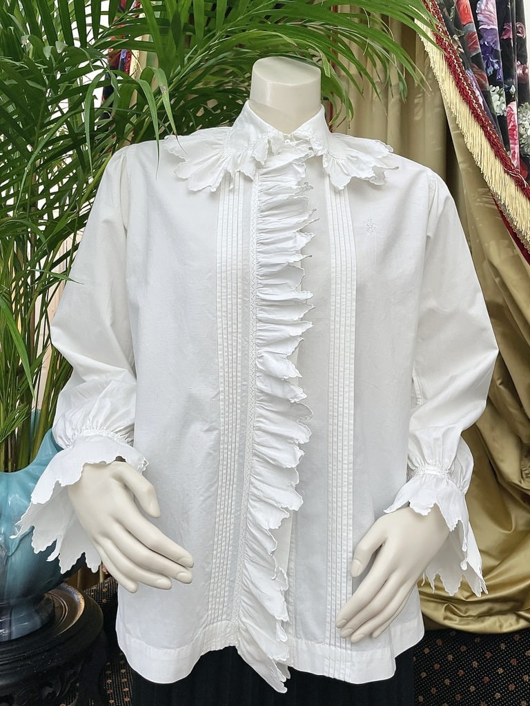 Chemisier en percale de coton fin - Plis religieuse et volants festonné - Vers 1900
