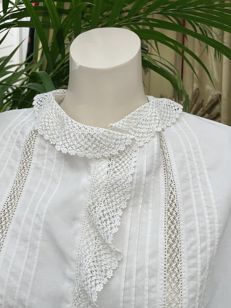 Chemisier en fine toile de coton blanc - Dentelle au crochet - Linge ancien-photo-3
