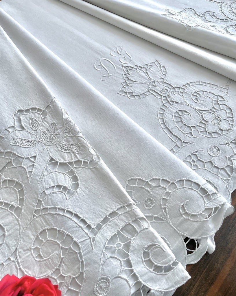 Large Linen Sheet With Dg Initials - Renaissance Fleurdelisée Embroidery - Antique Linen-photo-2