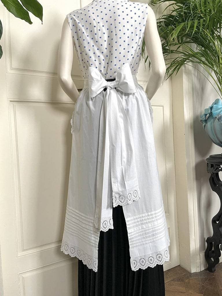 Serving Apron In Fine Cotton Percale With Pockets And Religious Pleats - Antique Linens-photo-3