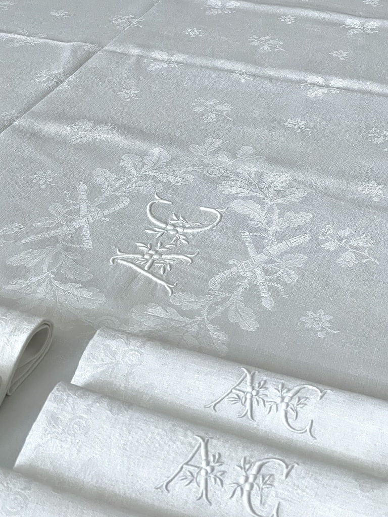Nappe et serviettes en Damas de Lin 12 couverts - Chasse à courre Cerfs Chiens Forêt - Fin XIXe-photo-3