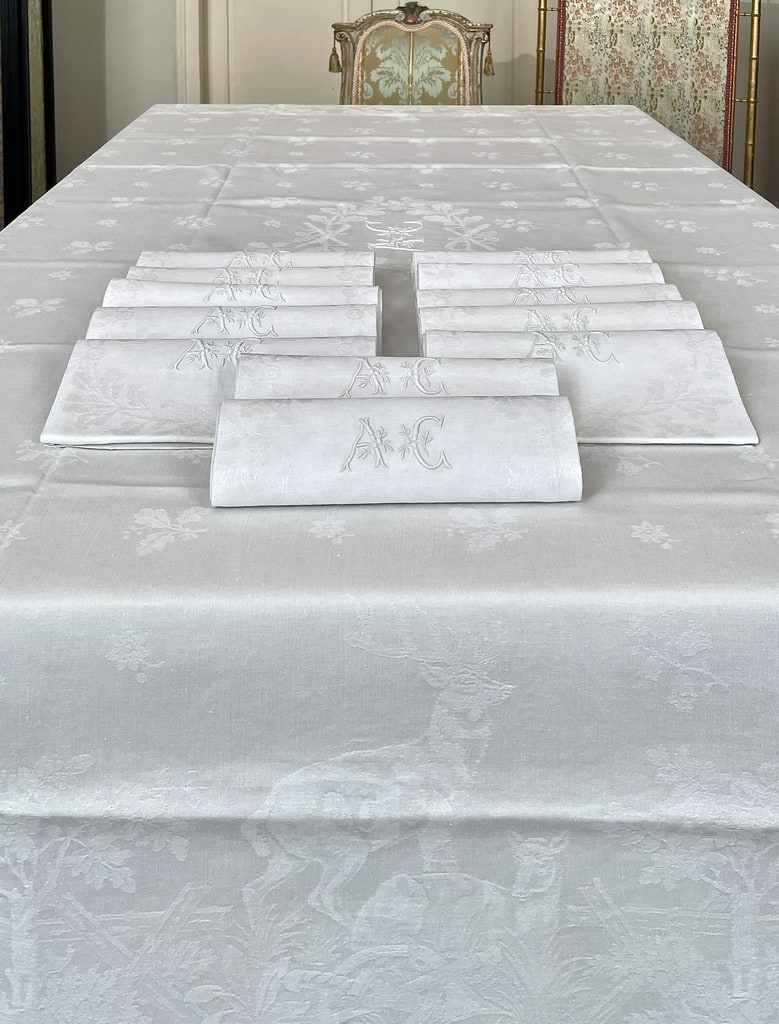 Nappe et serviettes en Damas de Lin 12 couverts - Chasse à courre Cerfs Chiens Forêt - Fin XIXe-photo-4