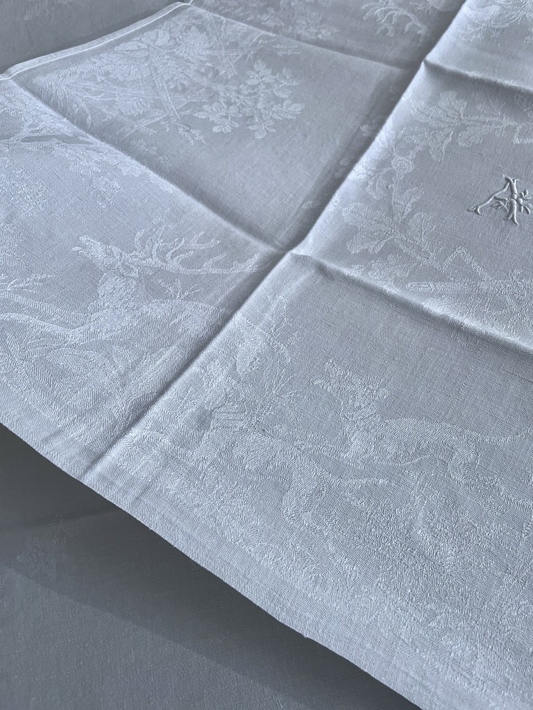 Nappe et serviettes en Damas de Lin 12 couverts - Chasse à courre Cerfs Chiens Forêt - Fin XIXe-photo-4