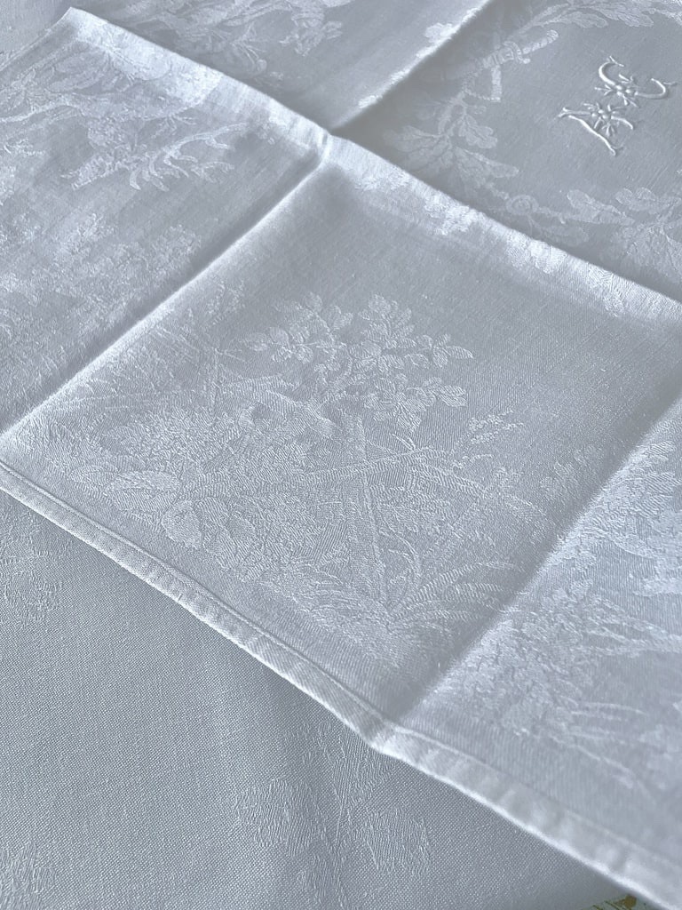 Nappe et serviettes en Damas de Lin 12 couverts - Chasse à courre Cerfs Chiens Forêt - Fin XIXe-photo-5