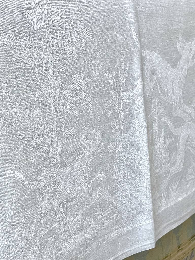 Nappe et serviettes en Damas de Lin 12 couverts - Chasse à courre Cerfs Chiens Forêt - Fin XIXe-photo-6
