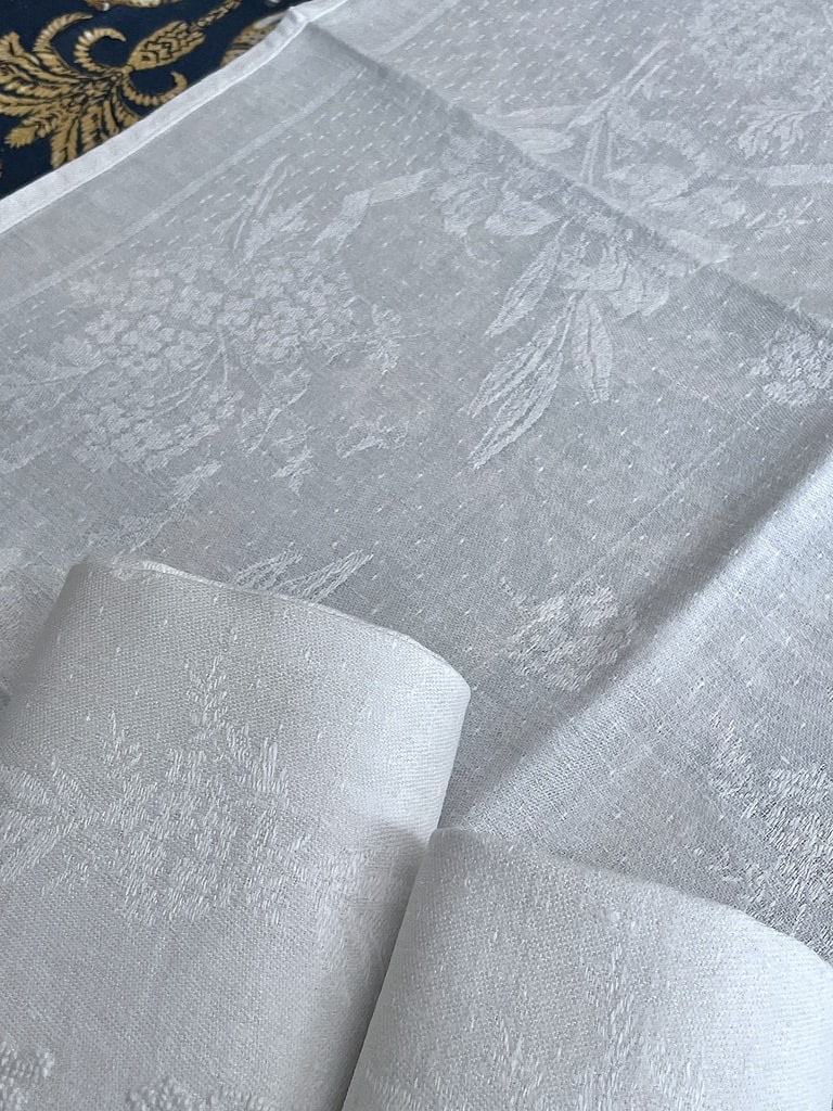 Suite de 9 serviettes de table en lin damassé E-E brodées main Décor fleurdelisé - Linge ancien-photo-4