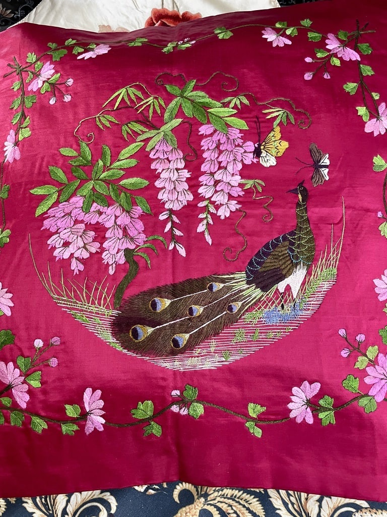 Pair Of Small Panels Featuring Asian Embroidery On Red Silk—cushion Covers—circa 1900-photo-2
