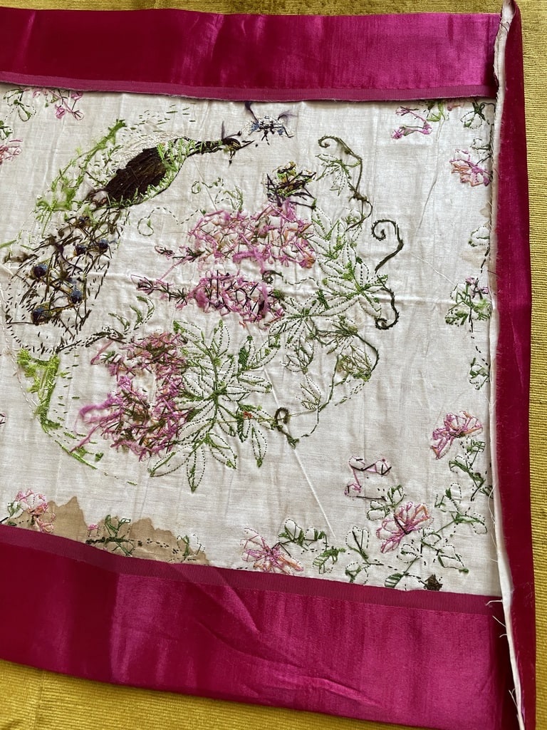 Pair Of Small Panels Featuring Asian Embroidery On Red Silk—cushion Covers—circa 1900-photo-1