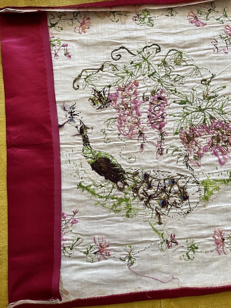 Pair Of Small Panels Featuring Asian Embroidery On Red Silk—cushion Covers—circa 1900-photo-4