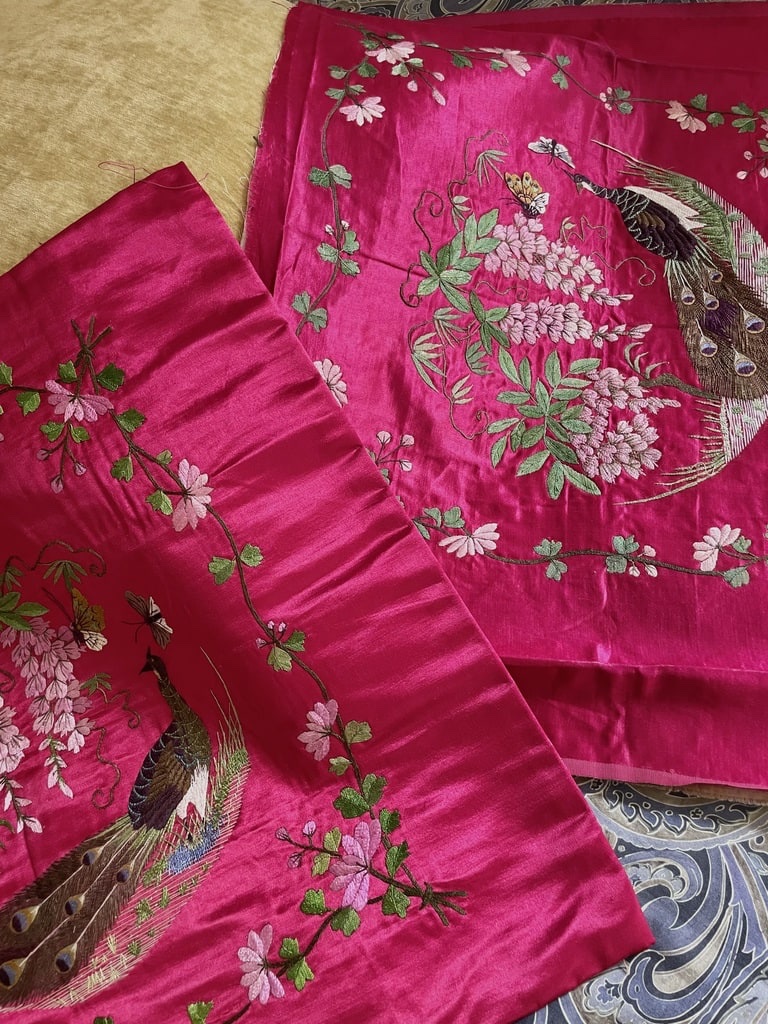 Pair Of Small Panels Featuring Asian Embroidery On Red Silk—cushion Covers—circa 1900