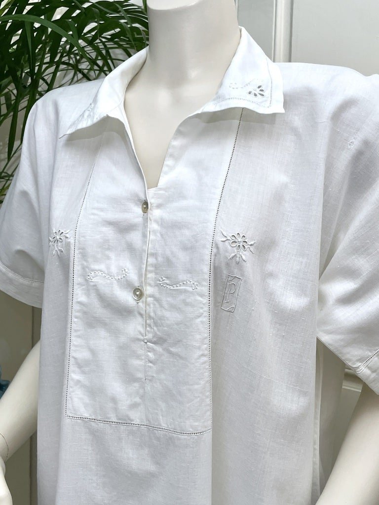 Chemise de nuit manches courtes - Percale de coton fin - Monogramme P brodé main - Linge ancien-photo-2