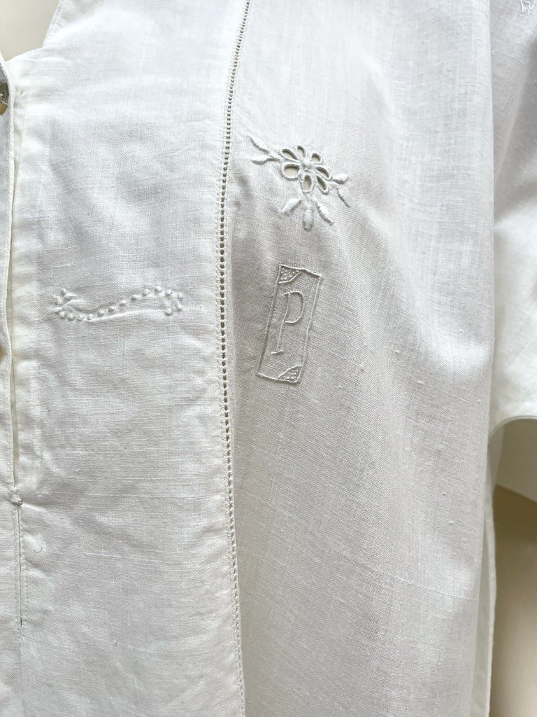 Chemise de nuit manches courtes - Percale de coton fin - Monogramme P brodé main - Linge ancien-photo-3