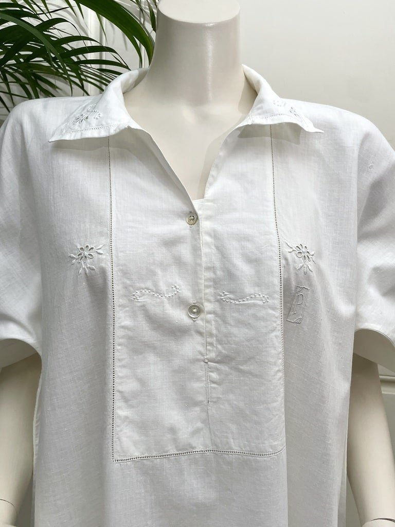 Chemise de nuit manches courtes - Percale de coton fin - Monogramme P brodé main - Linge ancien-photo-4