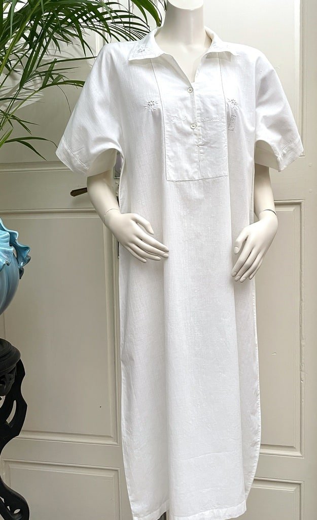 Chemise de nuit manches courtes - Percale de coton fin - Monogramme P brodé main - Linge ancien-photo-3