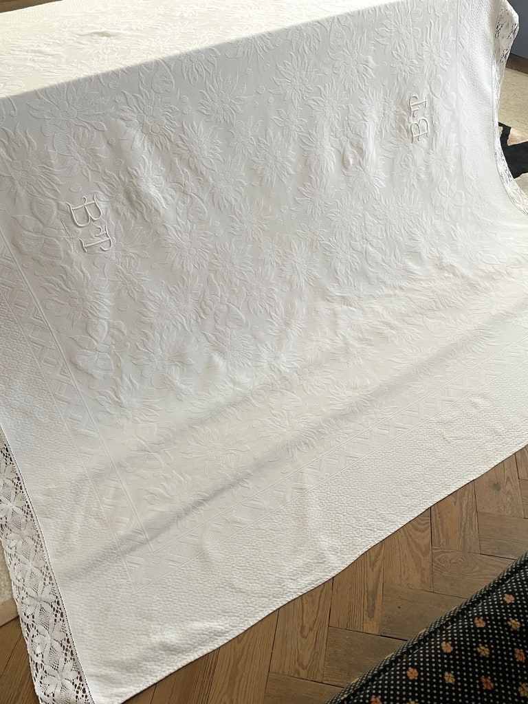 Flat-weave Cotton Piqué Wedding Blanket - Double Bp Monogram - Vintage Linens -photo-2