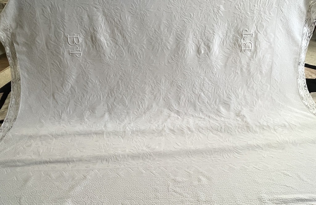 Flat-weave Cotton Piqué Wedding Blanket - Double Bp Monogram - Vintage Linens -photo-4
