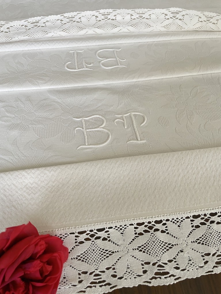 Flat-weave Cotton Piqué Wedding Blanket - Double Bp Monogram - Vintage Linens 