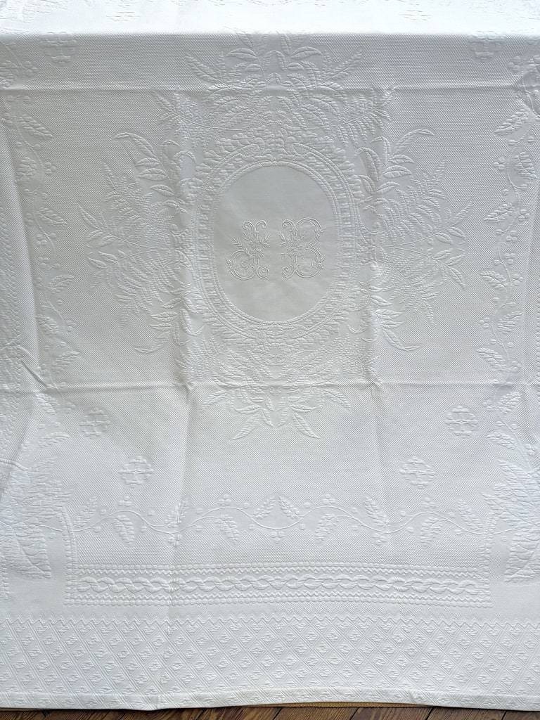 Couverture de Mariage en piqué de coton blanc gaufré - Initiales JB - Fin XIXème -photo-8