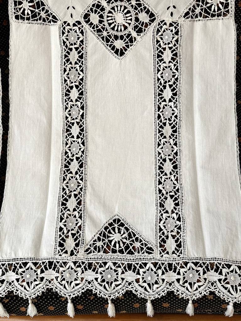 Pair Of Antique Blackout Curtains With Lace From Le Puy | Cream-colored Cotton | Antique Linens-photo-2