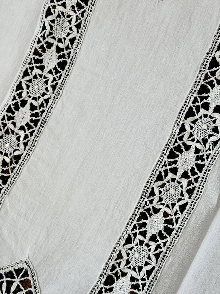 Pair Of Antique Blackout Curtains With Lace From Le Puy | Cream-colored Cotton | Antique Linens-photo-5