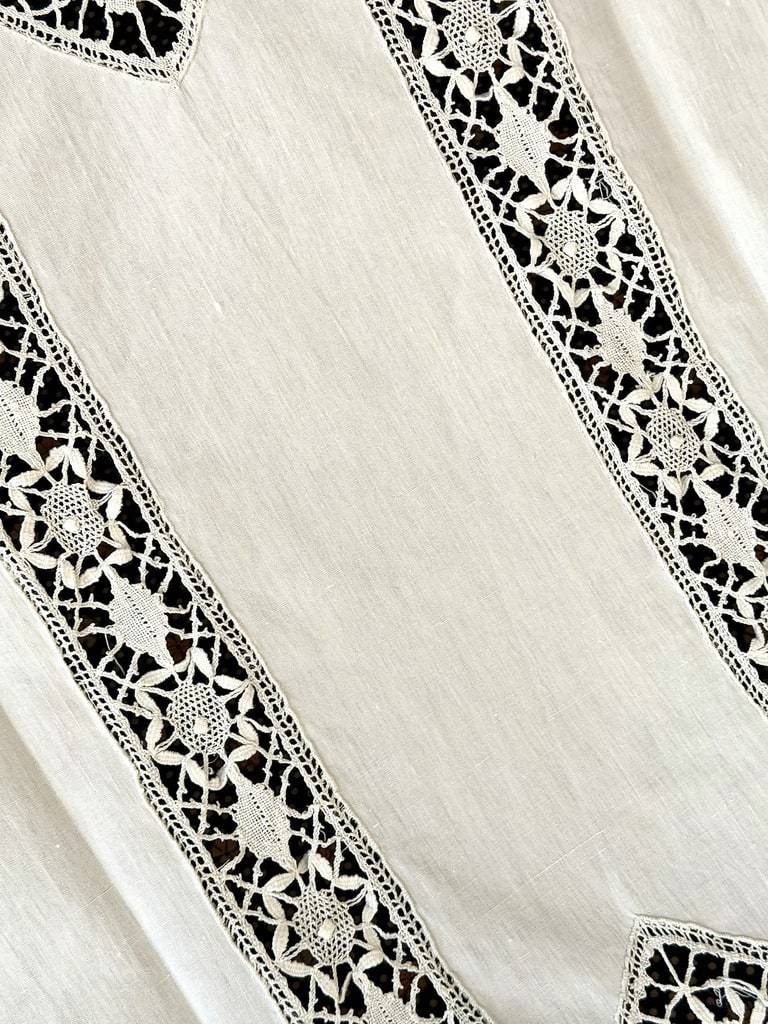 Pair Of Antique Blackout Curtains With Lace From Le Puy | Cream-colored Cotton | Antique Linens-photo-6