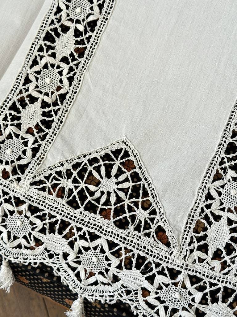 Pair Of Antique Blackout Curtains With Lace From Le Puy | Cream-colored Cotton | Antique Linens-photo-7