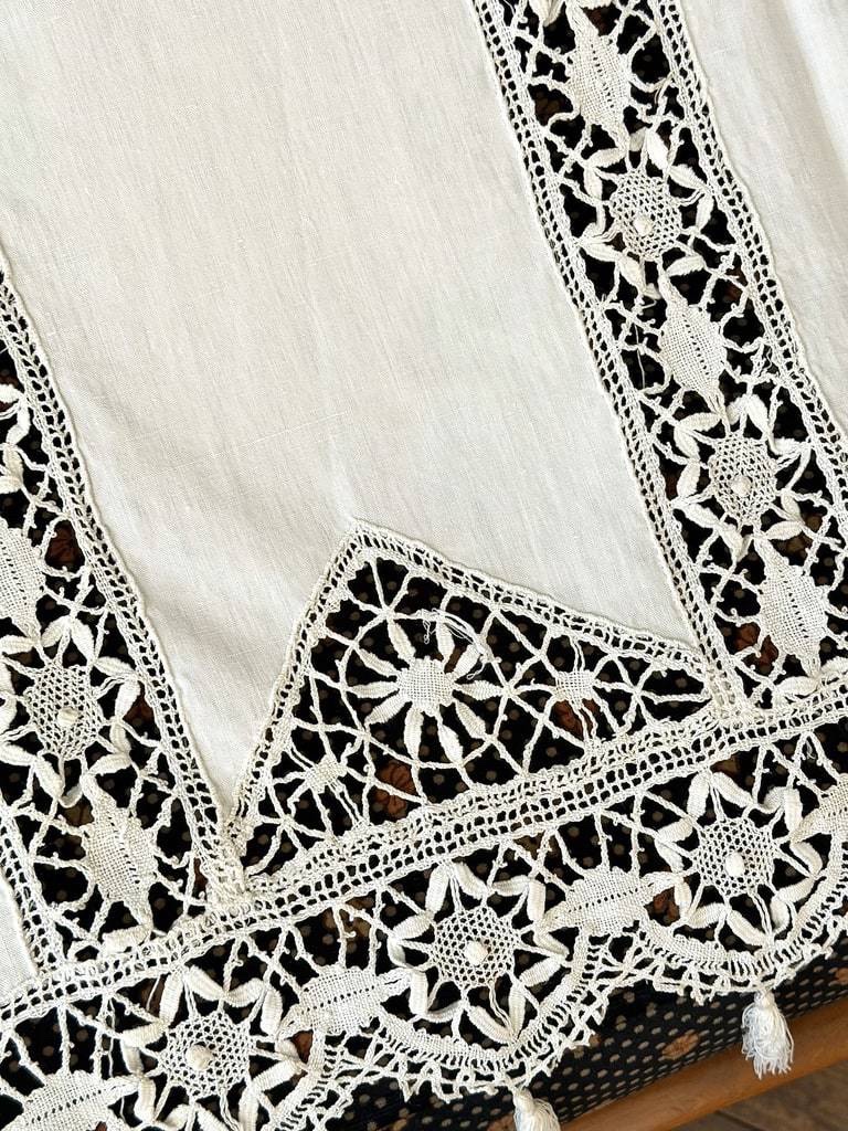 Pair Of Antique Blackout Curtains With Lace From Le Puy | Cream-colored Cotton | Antique Linens-photo-8