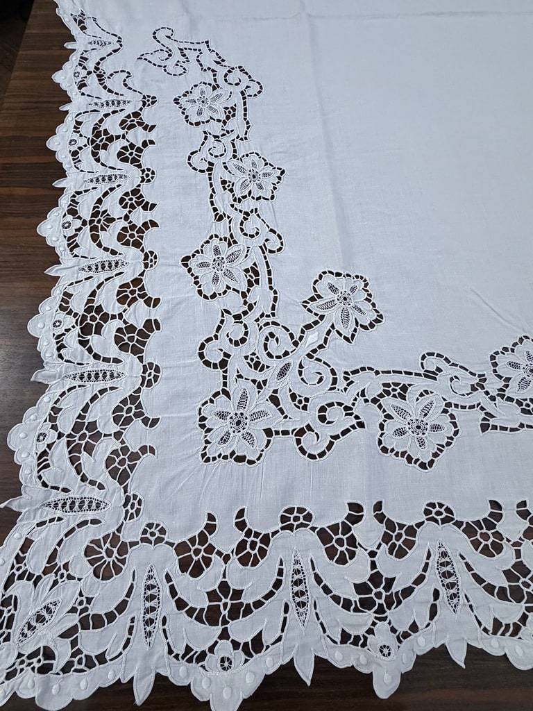 Drap ancien chiffré A-M en fil de lin - Broderie Richelieu Renaissance - Trousseau du XIXe-photo-4