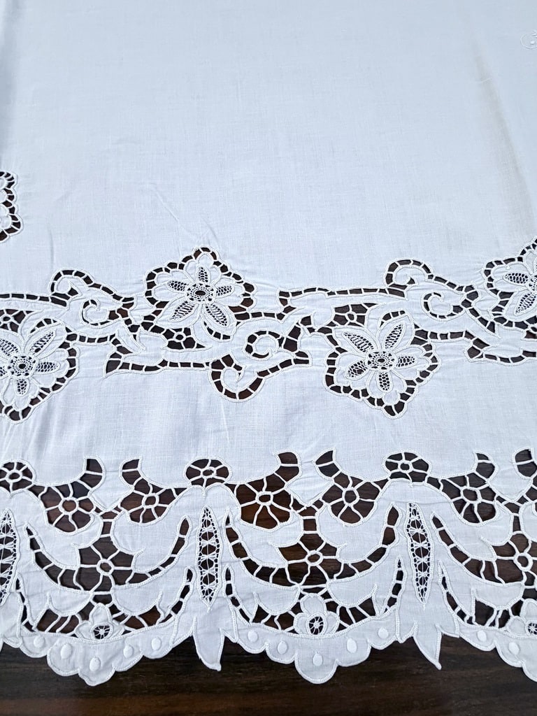 Drap ancien chiffré A-M en fil de lin - Broderie Richelieu Renaissance - Trousseau du XIXe-photo-6