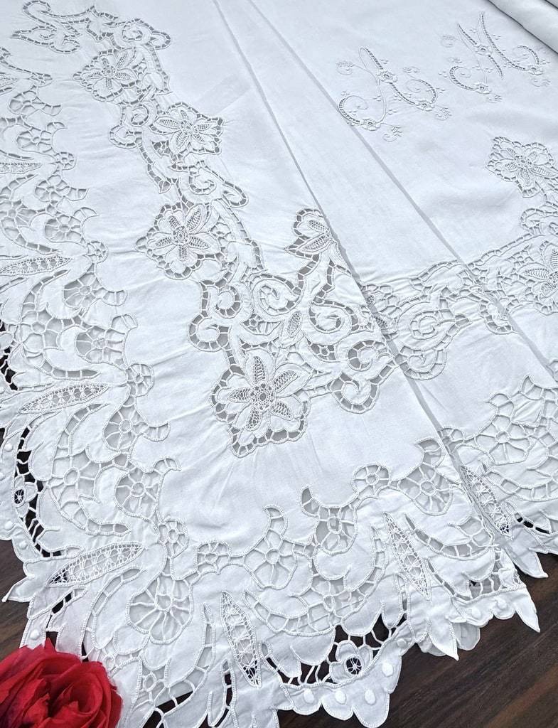 Drap ancien chiffré A-M en fil de lin - Broderie Richelieu Renaissance - Trousseau du XIXe-photo-8