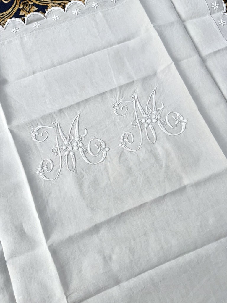 Pairs Of Antique Pillowcases - M-m Monogram Embellished With Polka Dots And Scalloped Edges - Late 19th Century-photo-8