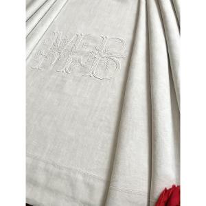Antique Linen Sheet - Large Mb Number And White Floral Embroidery - 19th Century Trousseau Item