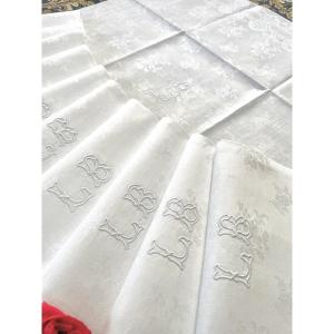 Suite de 11 Serviettes de Table Chiffrée LB - Lin Damassé - Fin XIXème