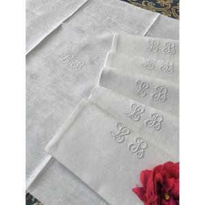 Set Of 6 Table Napkins - Linen Damask - Initials Lb - Late 19th Century - Antique Linen
