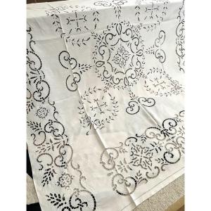 Dessus de Lit à Décor en Broderie Renaissance - Toile de Fil de Lin brodée main - Début XXème 