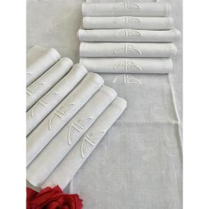 12 Monogrammed As Napkins On Linen Damask - Antique Hand-embroidered Linen - Early 20th Century
